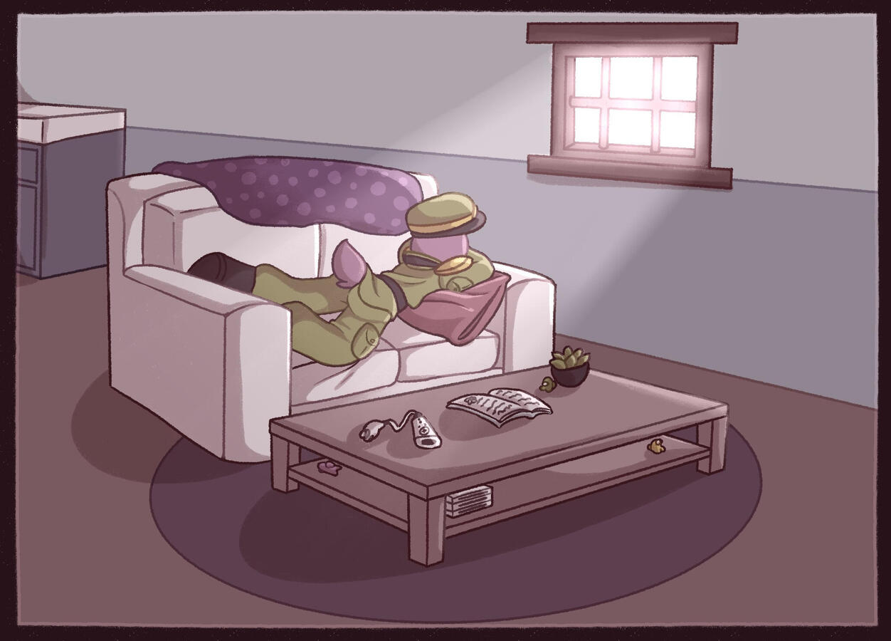 An illustration of Purple sleeping on a couch because he can.