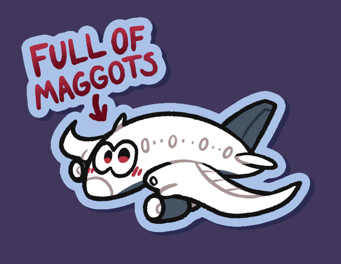 A cartoony sticker design of a plane that claims to be full of maggots. The maggot girl is a beautiful bird.