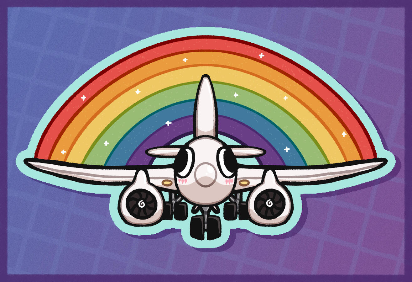 A beautiful plane with a beautiful rainbow flowing behind it.