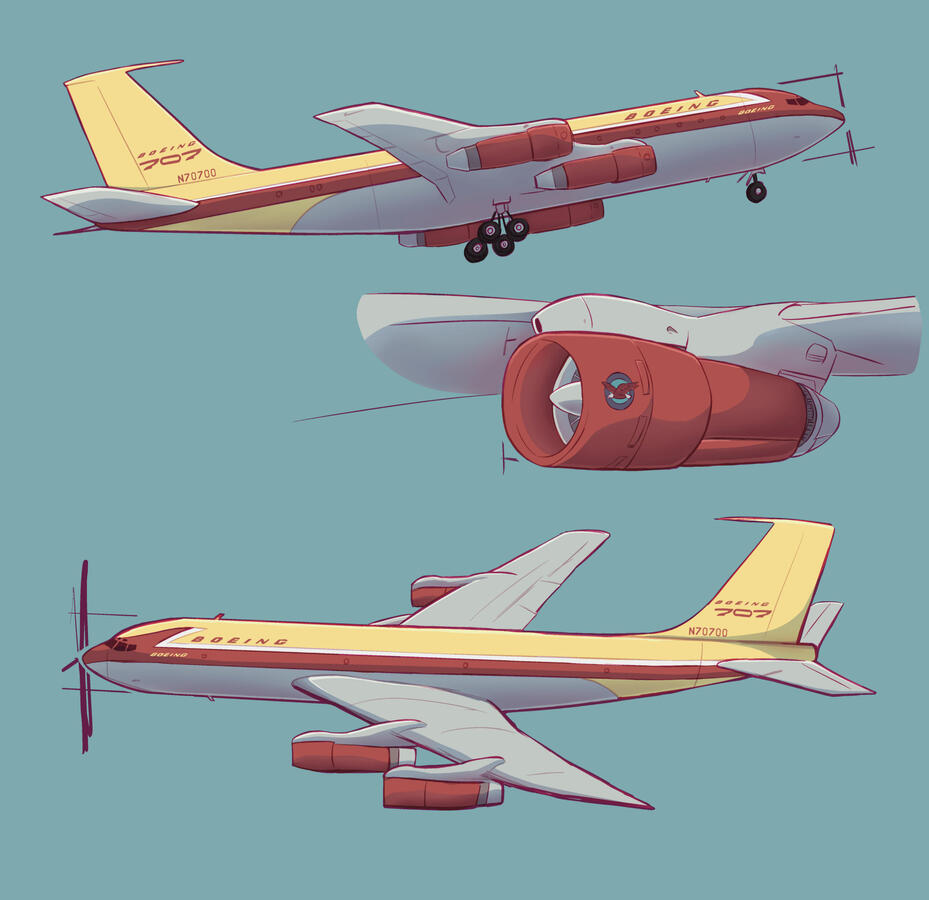 A sketch page featuring the Dash-80, the prototype of what eventually became the Boeing 707.
